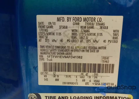 2010 Ford F-150 Fx4/Harley-Davidson/King Ranch/Lariat/Platinum/Xl/Xlt from USA, damaged, VIN 1FTFW1EV9AFD41382